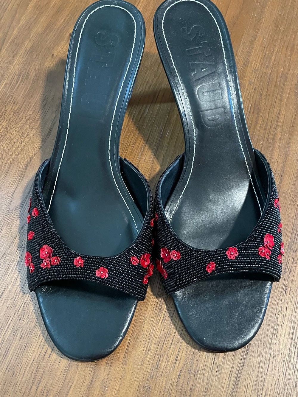 New - STAUD Brigitte Poppy Mules - Beaded Mule with Red Sequin Floral Accents - Picture 4 of 8